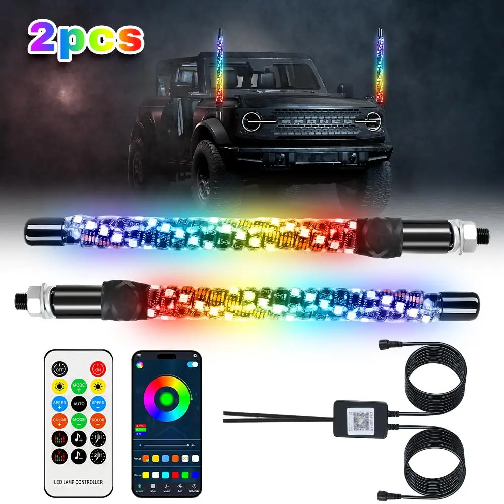 【BackToSchool】2-Pack 1FT Spiral LED Whip Light Antennas, RGB Multi-Color Effects Off-Road Lighted Antennas for Can-Am X3, RZR, UTV & ATV