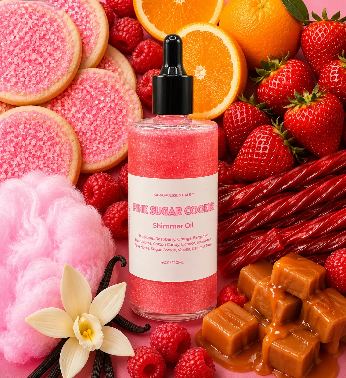 Pink Sugar Cookies Moisturizing Body Oil Raspberry, Orange, Bergamot, Cotton Candy, Licorice, Strawberry, Sugar Cookie, Vanilla, Caramel, Musk By Karafa Essentials