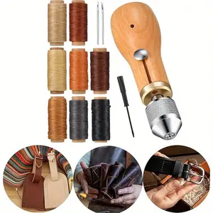 12 Pcs Sewing Awl Tools Portable Leather Sewing Awl Includes Handheld Sewing Repair Awl Straight Curved Needle 8 Rolls of Waxed Thread with Small Screwdriver Sewing Awl for Leather Canvas Manual Sewing Machine Repair Tool Kit