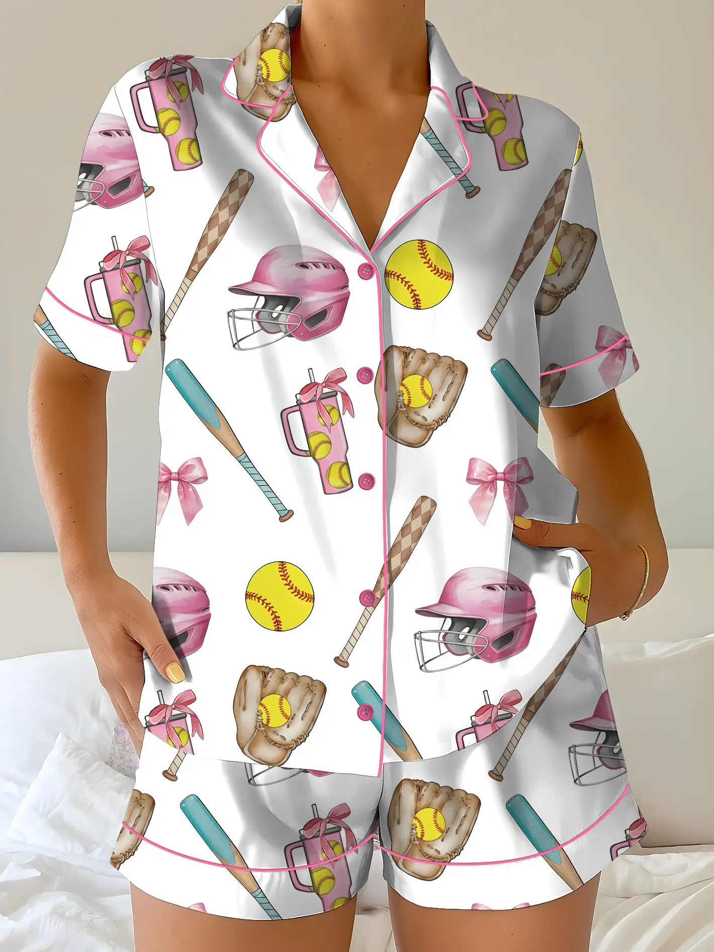 Softball Satin Pajamas Set, Women's White Satin Pajama Set – Softball Print Sleepwear, Sporty Summer Loungewear
