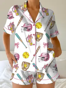 Softball Satin Pajamas Set, Women's White Satin Pajama Set – Softball Print Sleepwear, Sporty Summer Loungewear