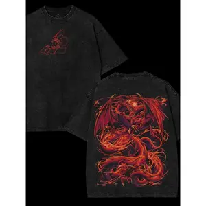 Men’s Vintage Washed Black T-Shirt with Red Dragon Graphic, 100% Cotton Casual Crewneck Short Sleeve Tee, Comfortable All-Season Streetwear Shirt for Men & Women, Oversized Manga Style Top, Perfect for Daily Wear, Holiday Gifts, and Presents for Friends