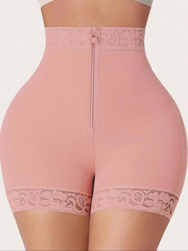 Women's Plain Lace Trim High Waist Shaping Leg Shaping Bottom, Tummy Control Compression Butt Lifting Zipper Shorts, Women's High Waisted Shapewear Bottoms for Daily Wear