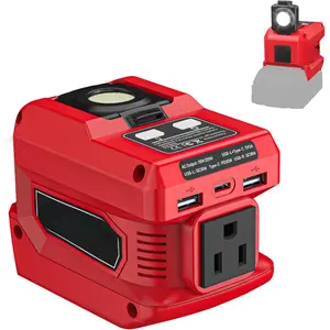 Power Inverter Compatible with Milwaukee 18V Battery, DC 18V to AC 110V Portable Power Station with 1 AC Outlet, 2 USB Ports & 1 Type-C Fast Charging, 400LM LED Work Light