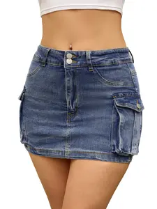 INSPIRE CHIC Women's Denim Skirt Cargo Flap Pockets Button Fly Stretch Y2K Mini Jean Skirts Blue
