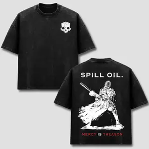 Helldivers 2 Game T-Shirt, Spill Oil Mercy Is Treason Graphic Tee, Automaton Skull Emblem Front Chest Back Print, Vintage Black Wash Heavyweight Cotton, Oversized Drop Shoulder Streetwear, Sci-Fi Gaming Fan Apparel