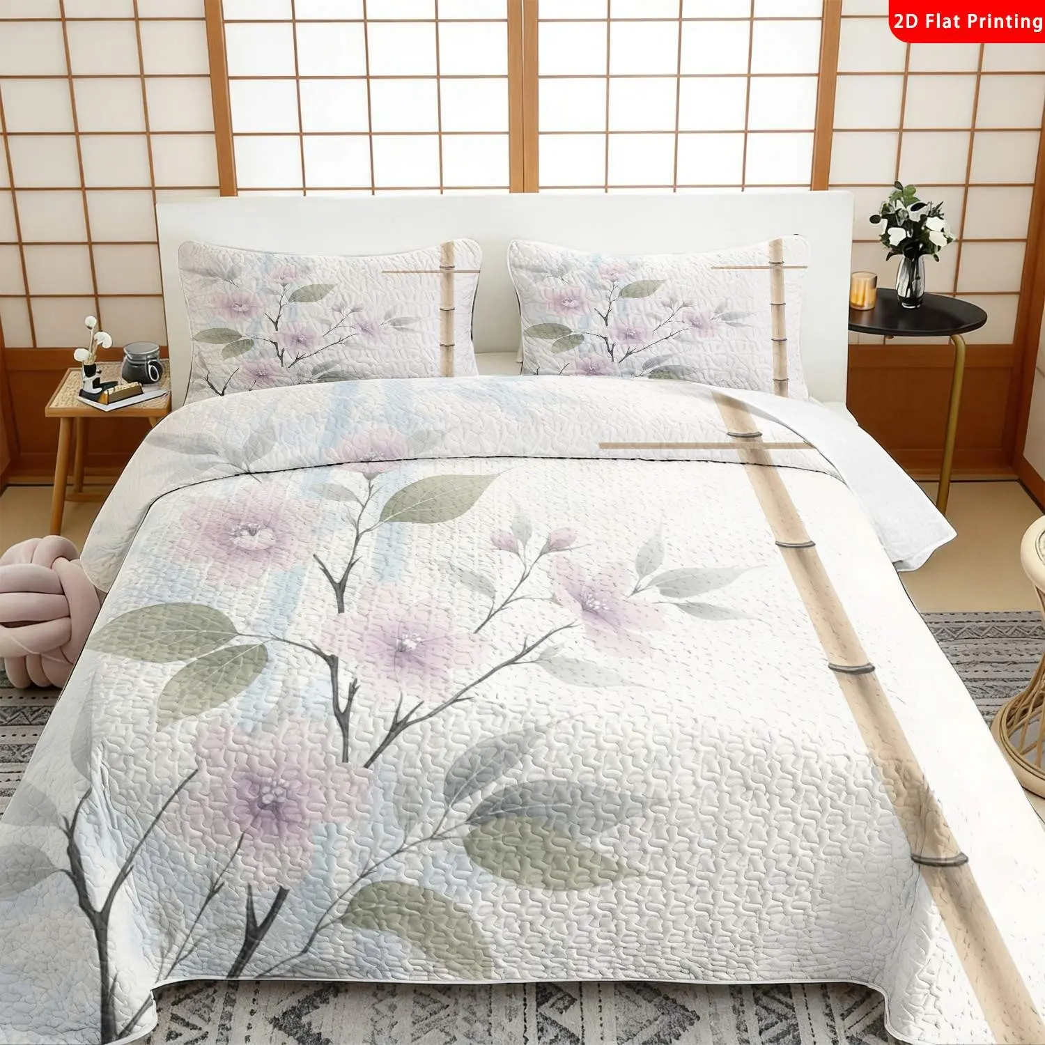 Chinese Style Bedding Set, Bamboo & Floral Print, Multiple Sizes Available, Includes Sheet & Pillowcases, Washable &