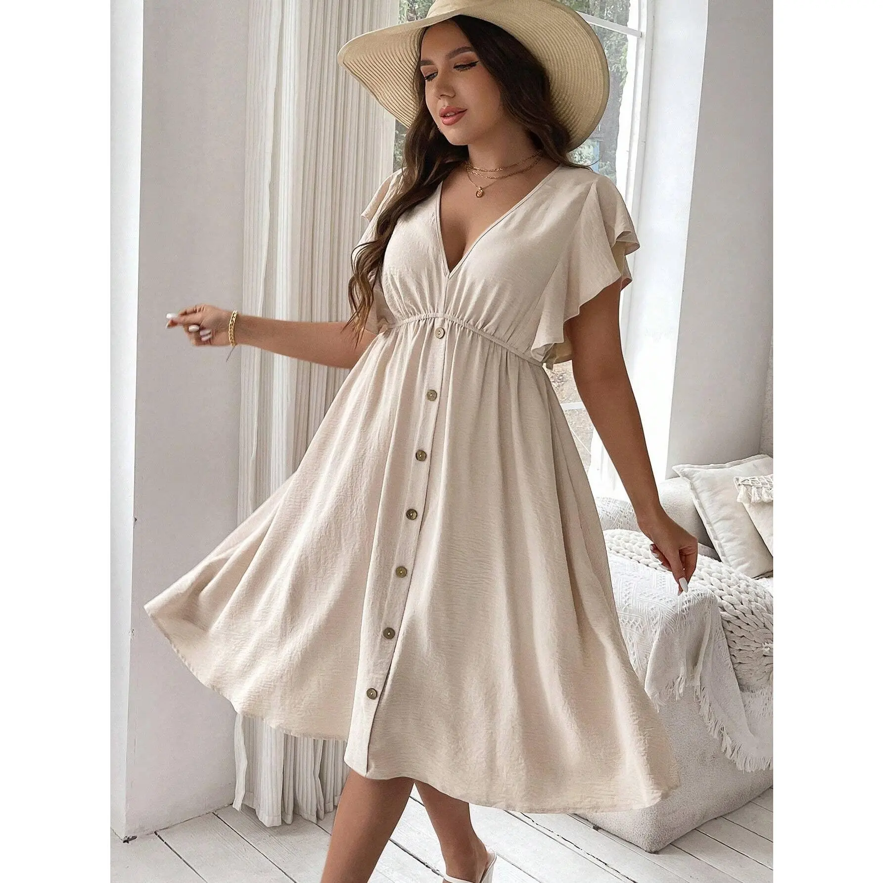 Women's Comfy Plus Size Beige V Neck Dress with Button Details & Ruffle Hem  Solid Color