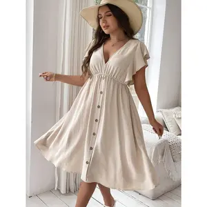 Women's Comfy Plus Size Beige V Neck Dress with Button Details & Ruffle Hem Solid Color Summer Frock Stylish & Trendy Casual Outfit for Beach & Brunch Soft Breathable Fabric Elegance Feminine Style