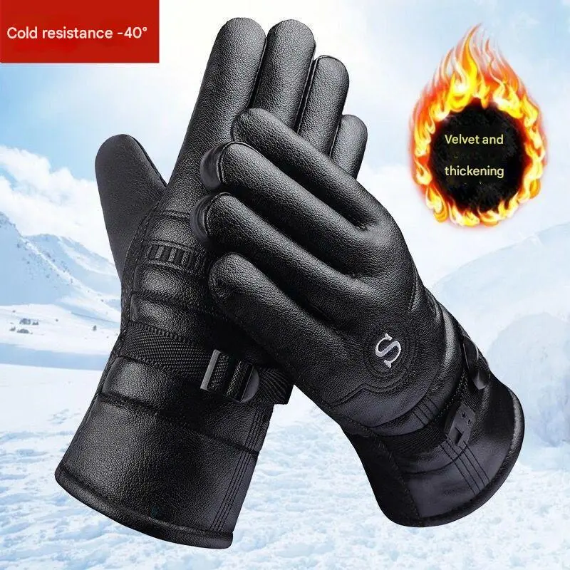 Adults' Unisex Solid PU Leather Winter Sports Gloves - Waterproof, Windproof, Thermal, Touchscreen Tips for Cold Weather Biking, Camping, Festivals, Cold Resistance, Fishing, Friends, Wind-Resistant, Outdoor Sports, Families, Fleece, Golf