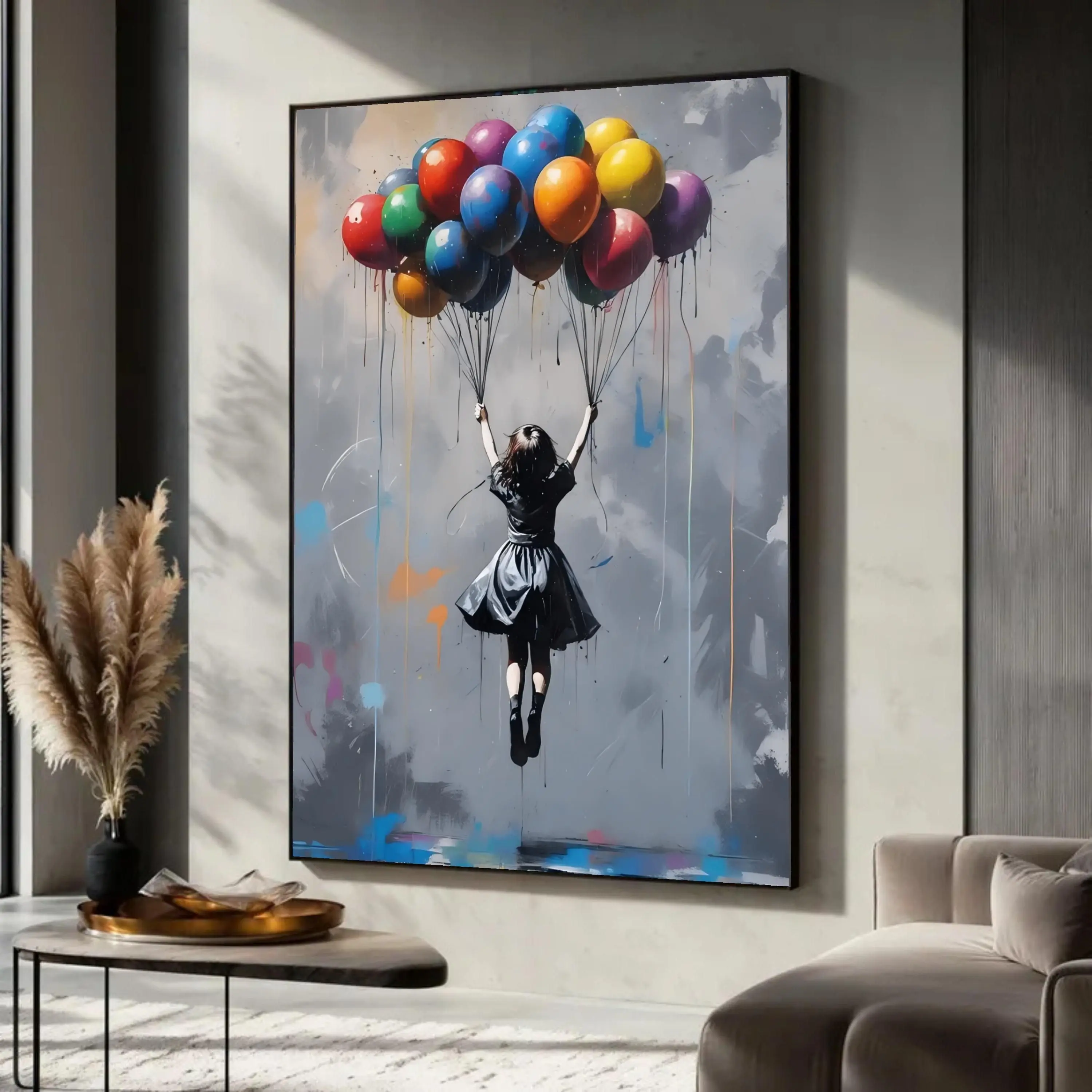 [Sale off up to 40%] [Frame Canvas] Girl with Balloons Wall Art, Colorful Street Style Decor Canvas Print Art