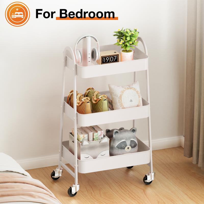 3 Tier Metal Storage Utility Cart with Wheels - Kitchen Storage Trolley, Rolling Bathroom, Casters for Narrow Spaces, Ideal for Bedside Use