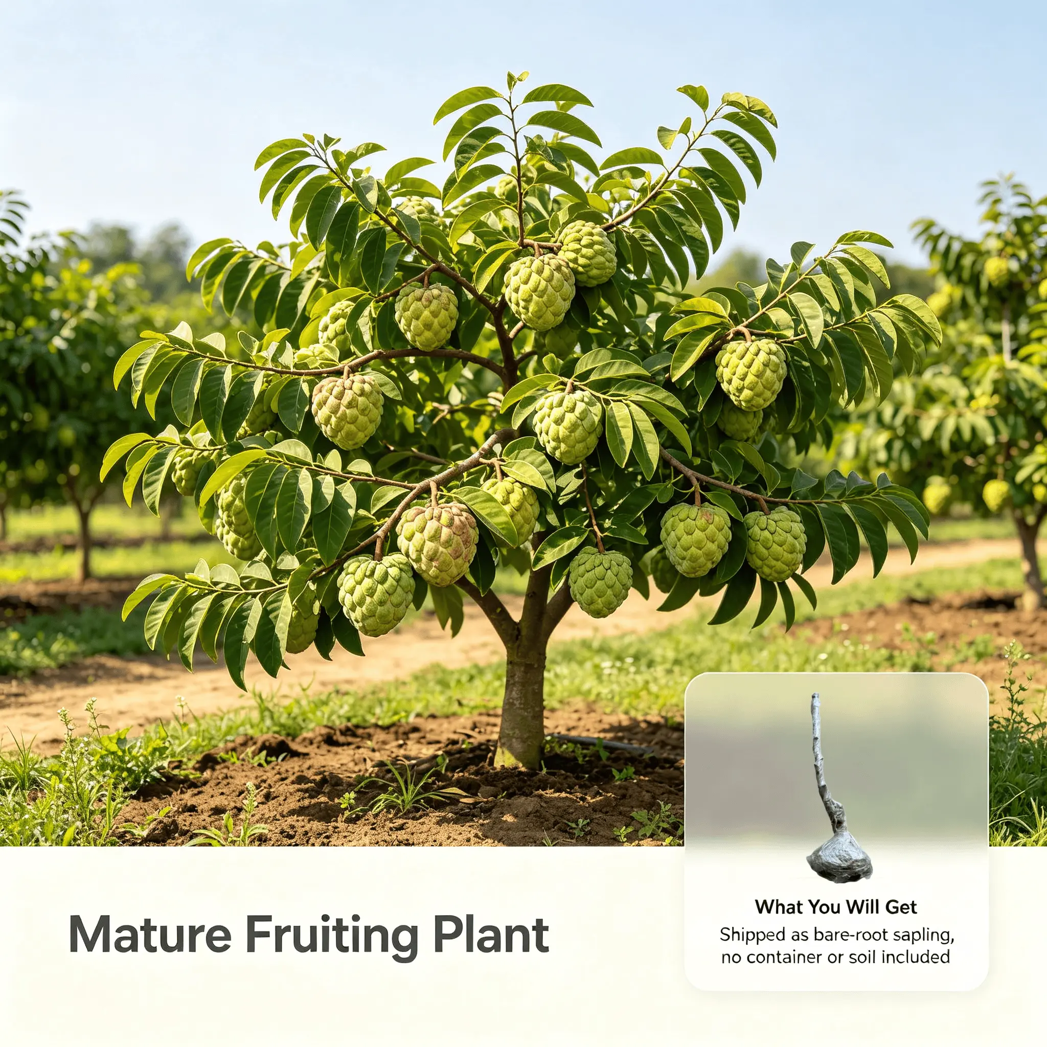 Bare Root Sugar Apple Tree Seedling, Tropical Custard Apple Fruit Tree for Backyard & Outdoor Home Garden Planting