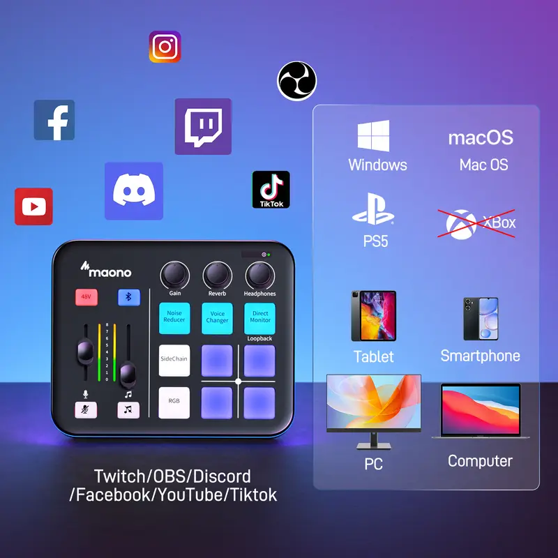 MAONO G1 NEO RGB 5V Digital Audio Mixer - 4-Channel Plastic Stereo Amplifier, Cordless Bluetooth, Noise Reduction, 3.5mm Jack, Music Recording Equipment, Manufacturer Warranty, Compatible with PC, Smartphone, XLR Microphone, Ideal for Gaming, Podcasting