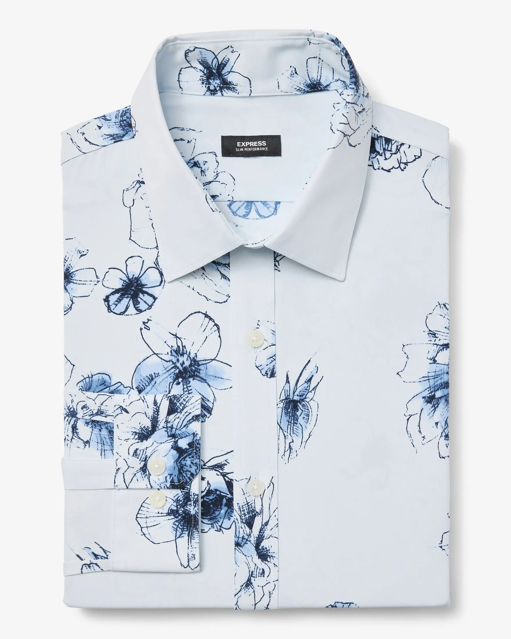 Express Men's Long Sleeve Slim-Fit Abstract Floral Wrinkle-Resistant Everyday Performance Dress Shirt, Long Sleeve Tops