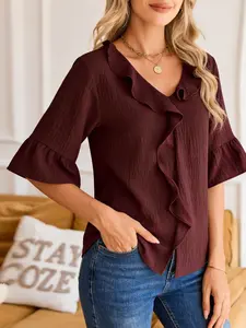 A lady's fashion soft and casual solid-color gentle-style Blouse top, featuring a V-neck ruffle design, suitable for all seasons, ideal for home, indoor, and outdoor wear