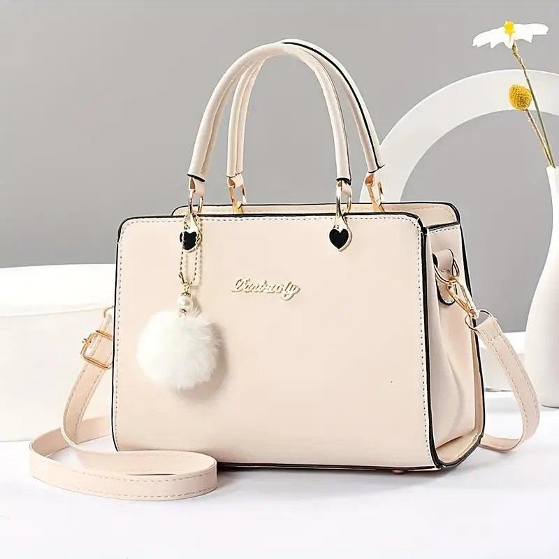 Fashion Solid Color Handbag, Multi Layer Crossbody Bag, Women's Satchel Purse With Ball Charms