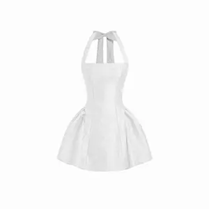 Cider Jacquard Sculptural Halter Neckline Floral Bowknot Ruched Flared Mini Dress