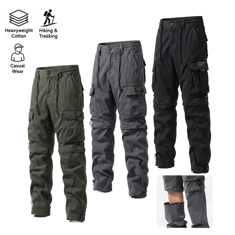 Outdoor men’s cargo pants with detachable leg cuffs, featuring multiple pockets and made from heavy-duty cotton fabric for wear resistance; suitable for everyday commuting and casual wear, ideal for hiking, climbing, camping, job sites, travel, and shoppi