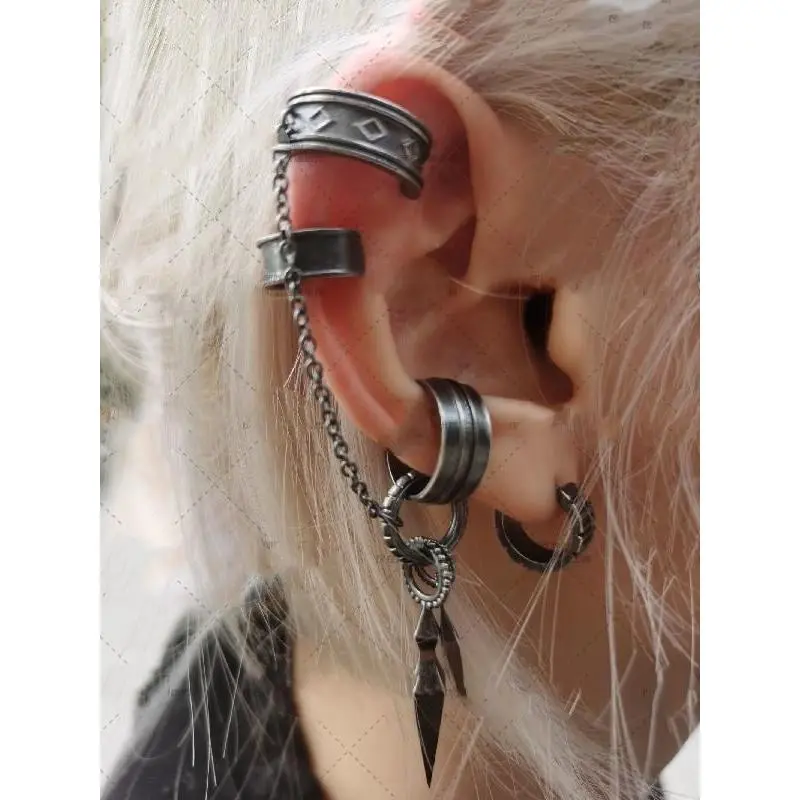 Spike Metal Ear Drop Ear Bone Stud Cuff Set Edgy Streetwear Jewelry with Chain Accents for Trendy Outfits