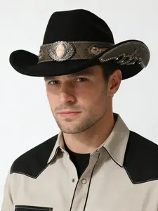 Western Style Embroidered Gemstone Wide Brim Cowboy Hat, Retro American Hard Core Design, Unisex Leather Stiffening Cap for Music Festivals