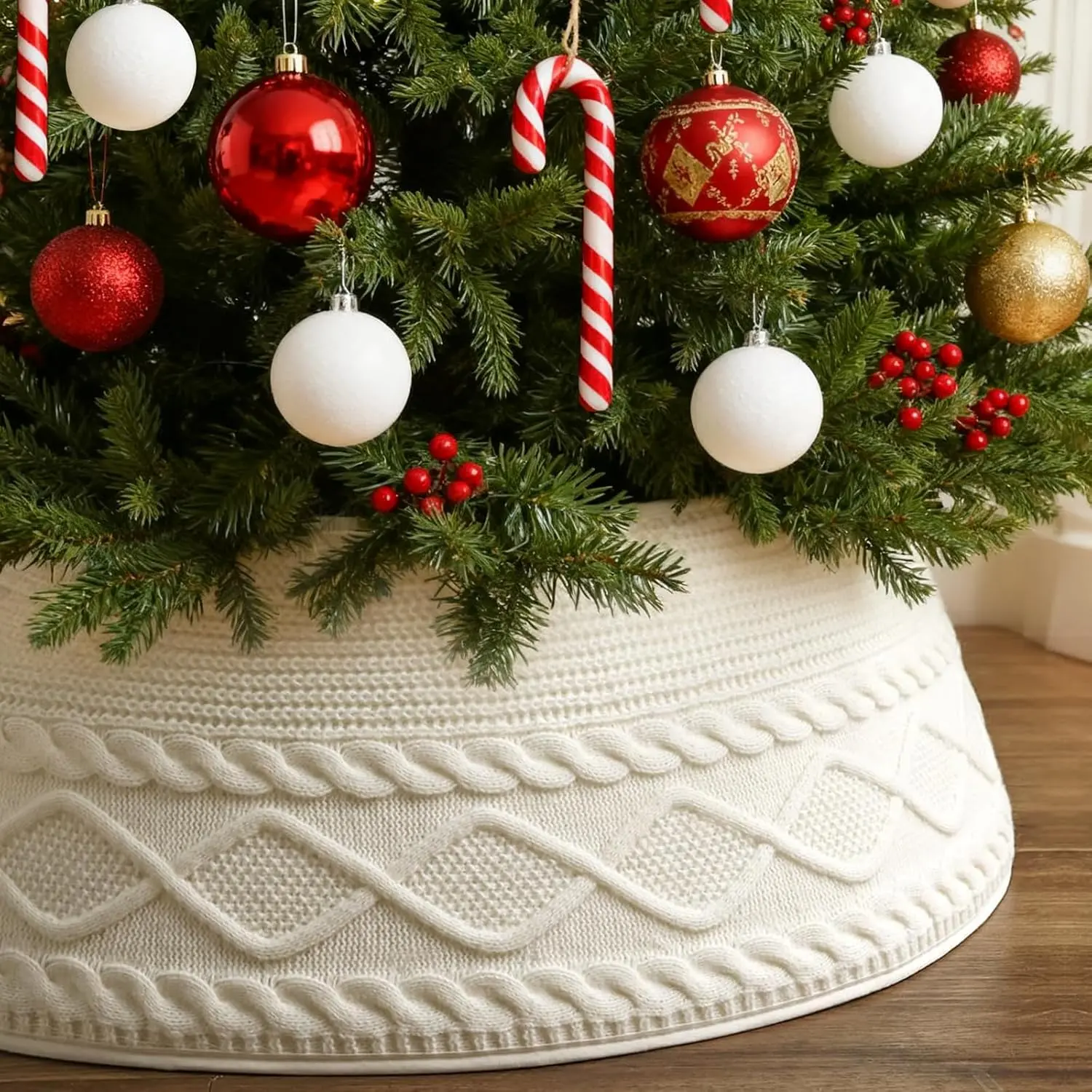 Christmas Tree Collar, 29" White Christmas Tree Base Collar for Artificial Trees with Unique Rhombic Pattern, Knitted Tree Collar for 6-8FT Tree