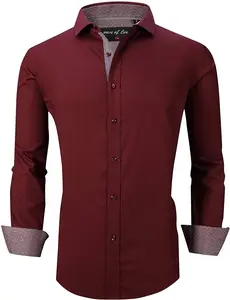 Calvetti Mens Dress Shirts Wrinkle Free Regular Long Sleeve Shirts - BURGUNDY