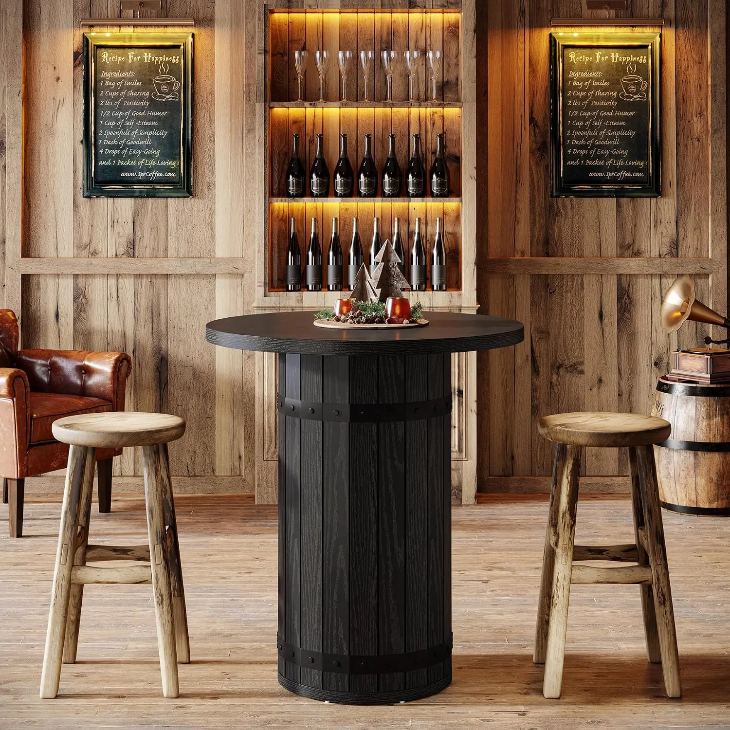 TRIBEWOOD Round Industrial Look Bar Table, 39.4-Inch Height, Round Shape, Wood Frame, Slatted Base, Seats 2-4, Bistro Pub Whisky Barrel Table for Kitchen, Living Room, Small Space, Black