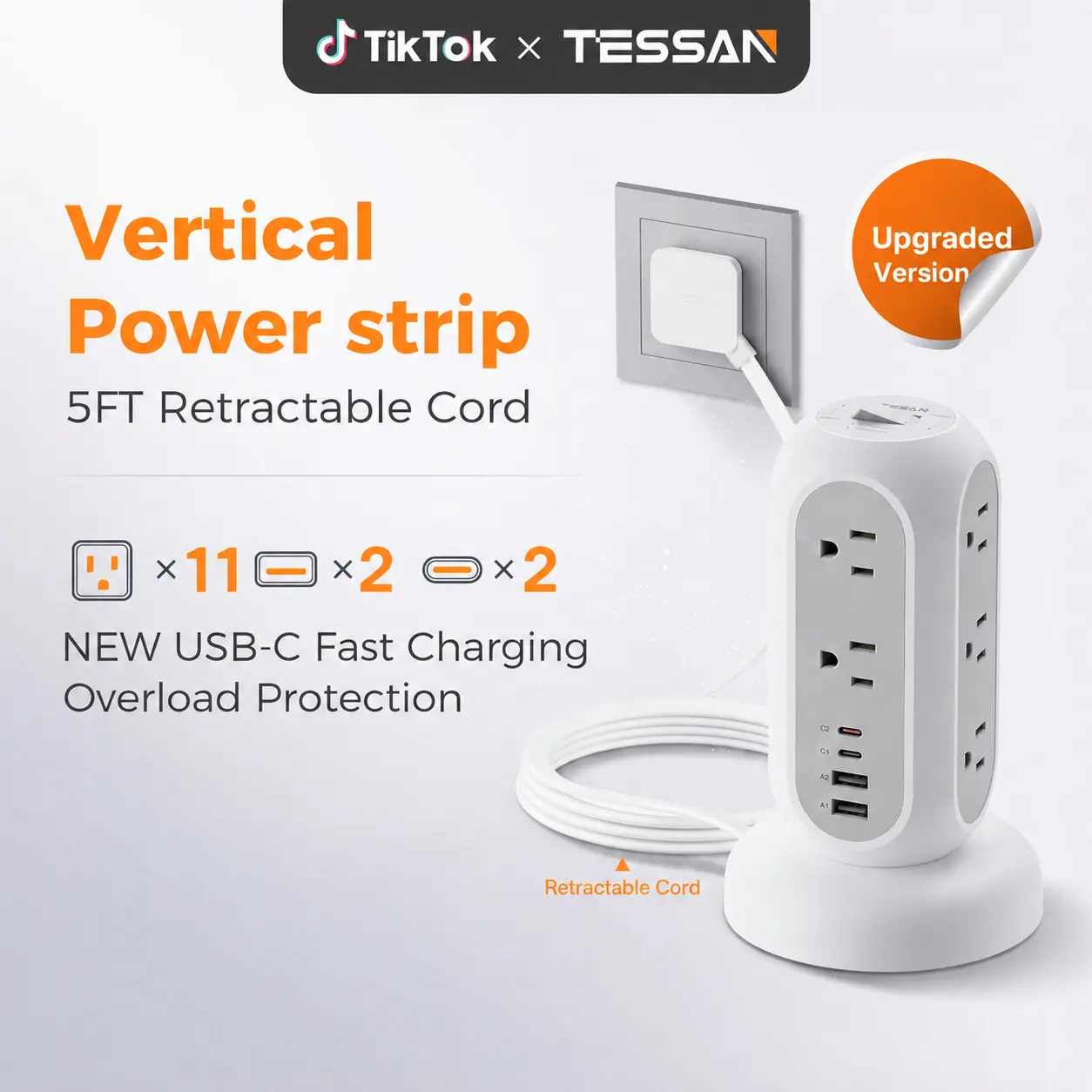 Tessan retractable extension cord power strip,1625W Surge Protector , Cord Management,Home, Office ,Dorm,Kitchen Essentials,11 Outlets & 3 USB Ports