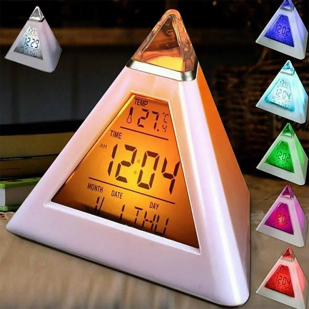 OUTGOODS Multifunctional Color-Changing Triangle LED Digital Alarm Clock - Pyramid Shape, Light, Music Alert, Snooze Mode, Interval Setting, Glow-In-The-Dark, Modern Home Decor, Mother's Day Gift