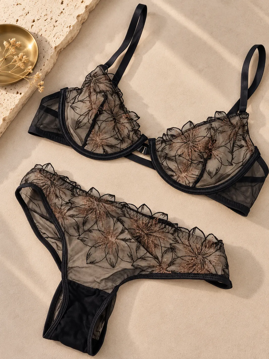 Black Lace Translucent Floral Bra and Panties Set for Women