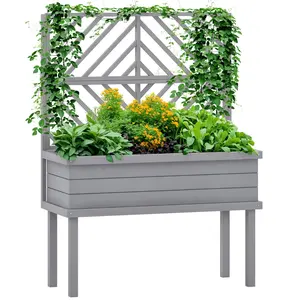 Outsunny Raised Garden Bed with Trellis for Climbing Plants, Vegetable, Grape Vines, Elevated Planter Box with Legs, Drainage Holes and Filter for Outdoor Garden, Patio, Gray