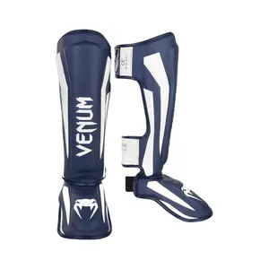 Venum Elite Standup Shin Guards - White/Navy Blue, Comfortable Design with Pro-Anatomical Reinforcement, Two Largely Velcro Straps, Secure Custom Fit