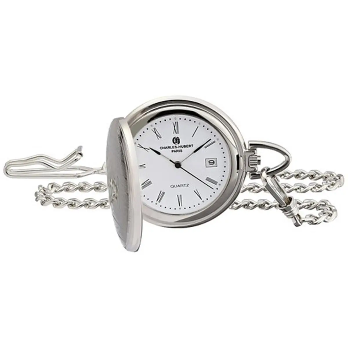HUNTER Women's Decorated Hunter Case Pocket Watch, Silver-Tone Brass Band with Round Dial, Analog Japanese Quartz, and Calendar, Round Dial Watch, Plastic