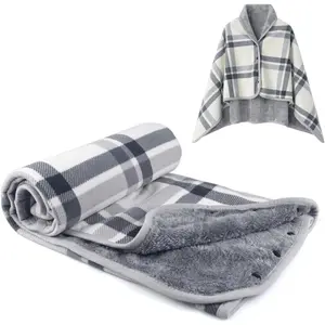 Manta de Forro Polar Vestible, Manta de Regazo a Cuadros Poncho Cómodo con Botones para Cama Sofá Oficina, Gris-Blanco