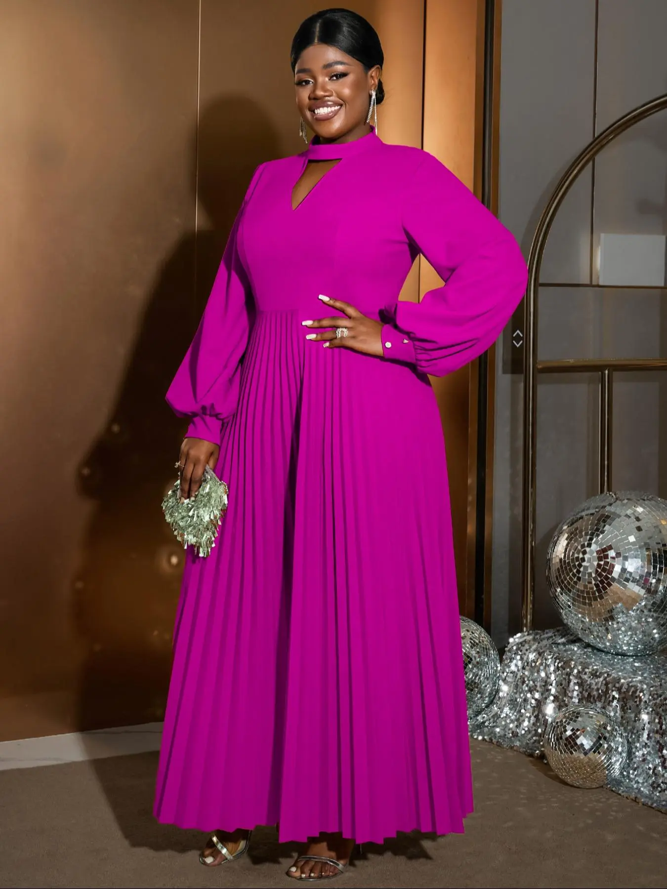 Plus Size] Plain Cut Out Lantern Sleeve Pleated Hem Dress Mock Neck Long  Sleeve A Line