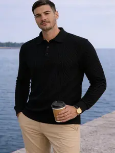 Men's Fashion Casual Business Polo Shirt, High-End Solid Color Jacquard Collar Long Sleeve, Essential Golf Tennis Wear, Breathable Warm
