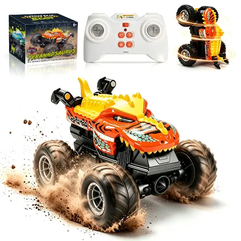 Hotfree RC Monster Truck Toy, Alloy All‑Terrain Remote Control Stunt Car with LED Lights, Dual‑Speed & Durable Shell, Dinosaur & Shark Toys for Kids, RC Truck with 360° Spins and Drifting, Toy Car Birthday Christmas Gifts for Boys