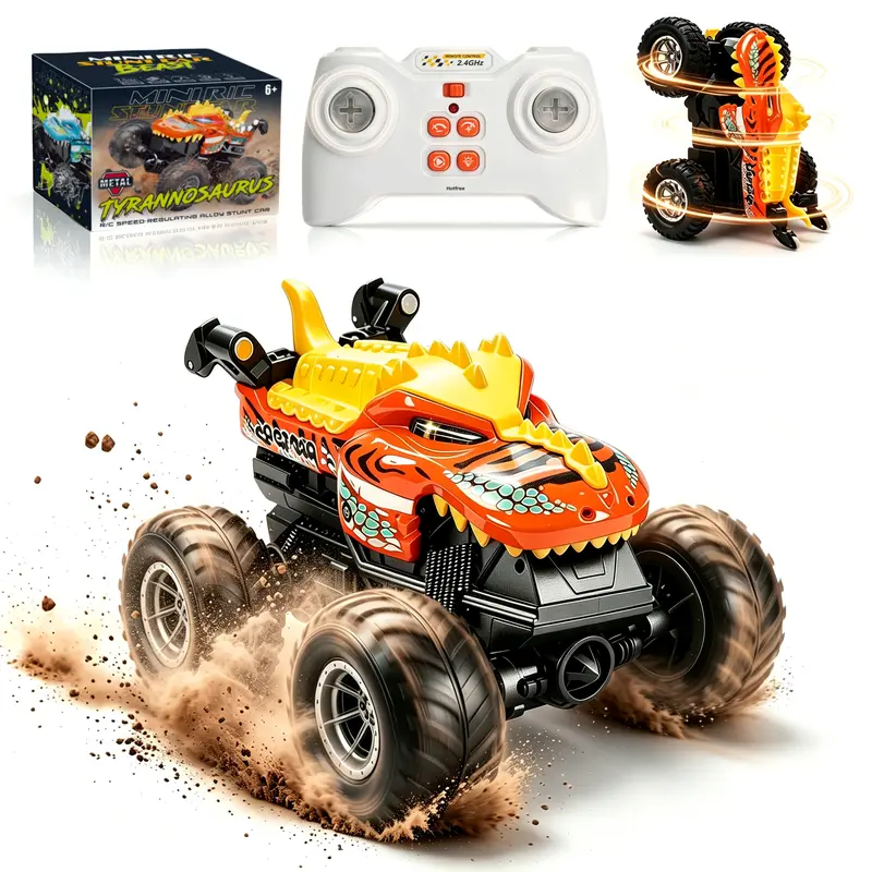 Hotfree RC Monster Truck Toy, Alloy All‑Terrain Remote Control Stunt Car with LED Lights, Dual‑Speed & Durable Shell, Dinosaur & Shark Toys for Kids, RC Truck with 360° Spins and Drifting, Toy Car Birthday Christmas Gifts for Boys