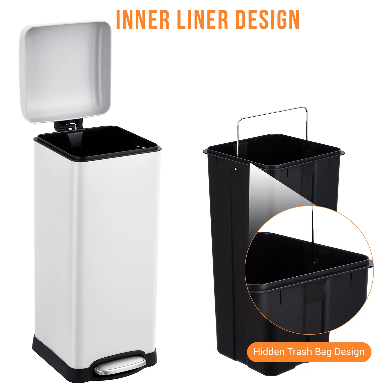 8 Gallon (30L) Stainless Steel Step Trash Can – Slim Fingerprint Resistant Design, Soft‑Close Lid & Removable Inner Basket – Space Saving Recycling Bin for Kitchen, Office, Restaurant