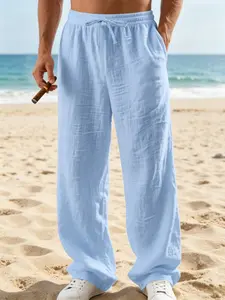 Men's Summer Lazy Style Linen Wide Leg Pants, Multi-Color Optional Loose Straight Casual Pants, Thin Breathable Cotton Linen Drawstring Long Pants, Draped Slimming Versatile Beach Pants, Comfortable God Pants for All Scenarios of Daily Commute / Home