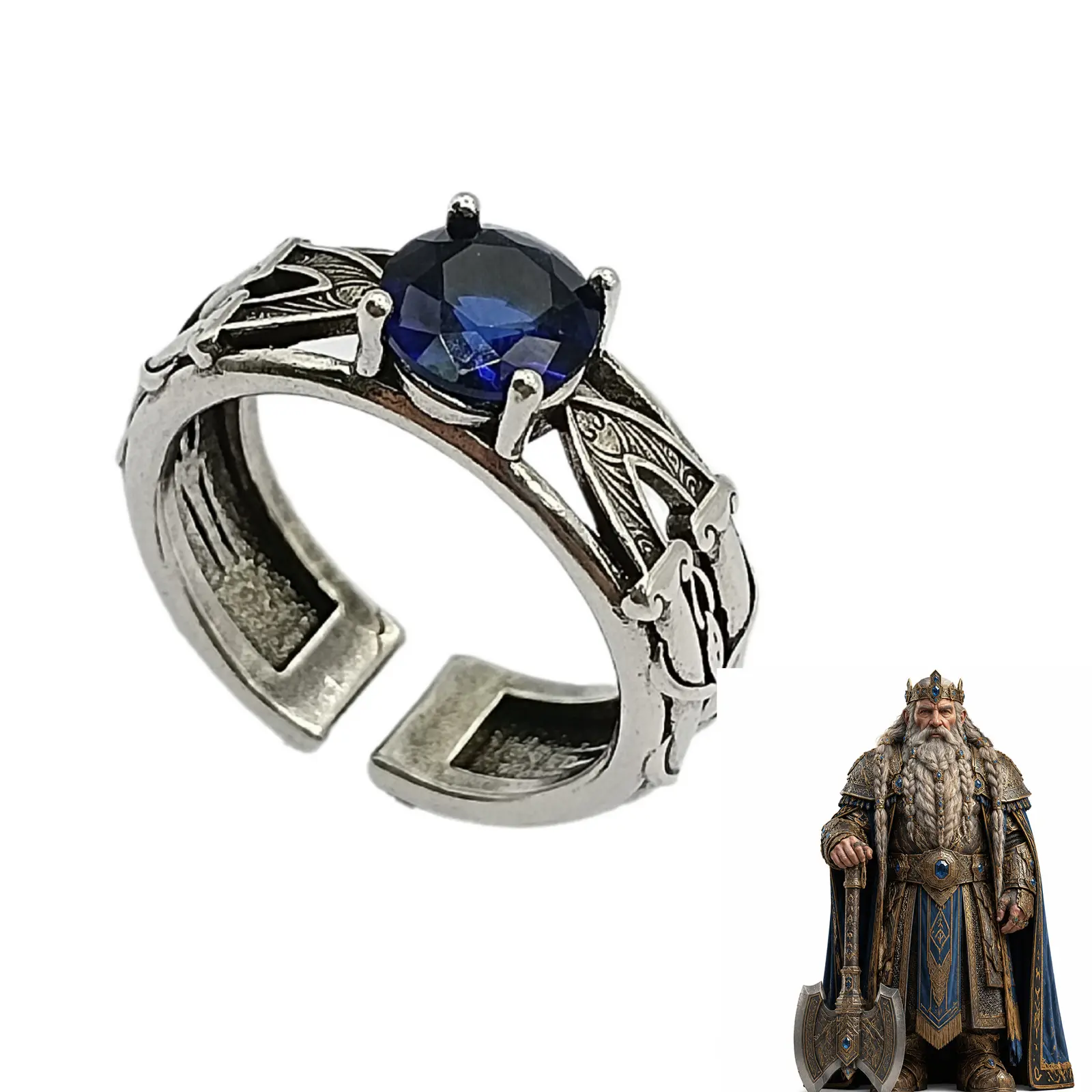 Vintage Key of Durin Ring, Lord of The Rings Cosplay Jewelry, Antique Silver Elven Rune Ring with Blue Zircon Stone, Adjustable Open Band Gift for LOTR Fans Men Women
