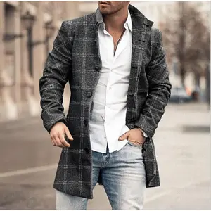 Men's Hooded Wool Blend and Polyester Patterned Trench Coat Overcoat for Fall Winter Stylish Puffer