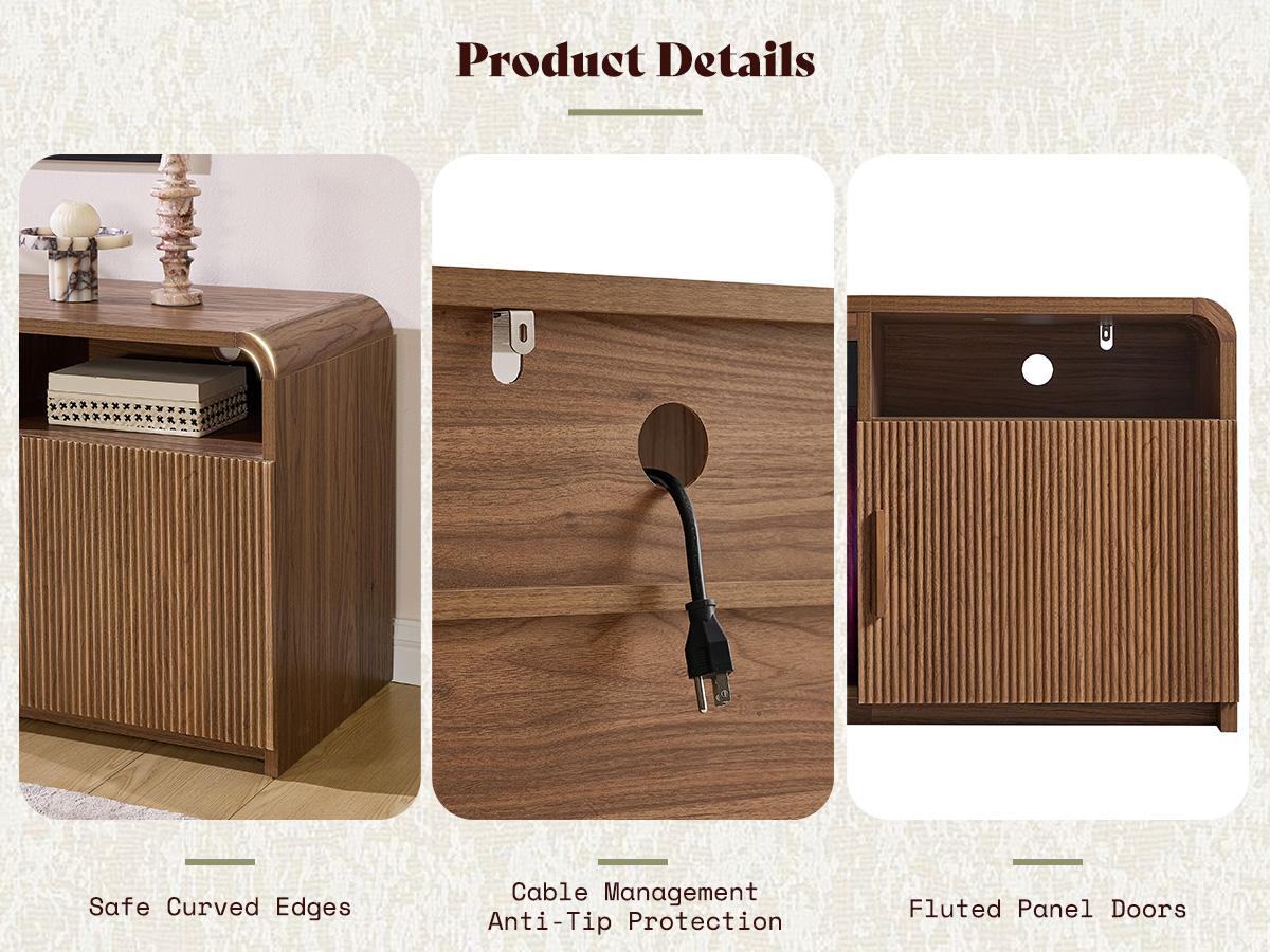 AMERLIFE 70" Fluted Fireplace TV Stand for TVs Up to 80", Modern TV Console with 30" Electric Fireplace & Storage Cabinets, Media Entertainment Center for Living Room