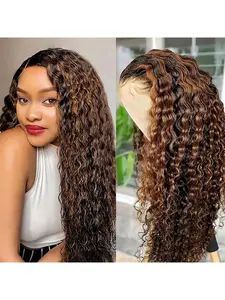 Highlight Ombre Lace Front Wig Human Hair 1B/30 Black Brown 13x4 HD Lace Frontal Wigs Pre Plucked With Baby Hair Deep Wave Ombre Honey Blonde Human Hair Wigs for Black Women 180% Density Fluffy Wigs Curly Frontal Wigs