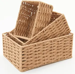 Set of 3 Handwoven Natural Paper Rope Woven Storage Basket, Small Wicker Basket for Organizing, Declutter Any Room, Perfect for Home Organization and Decor