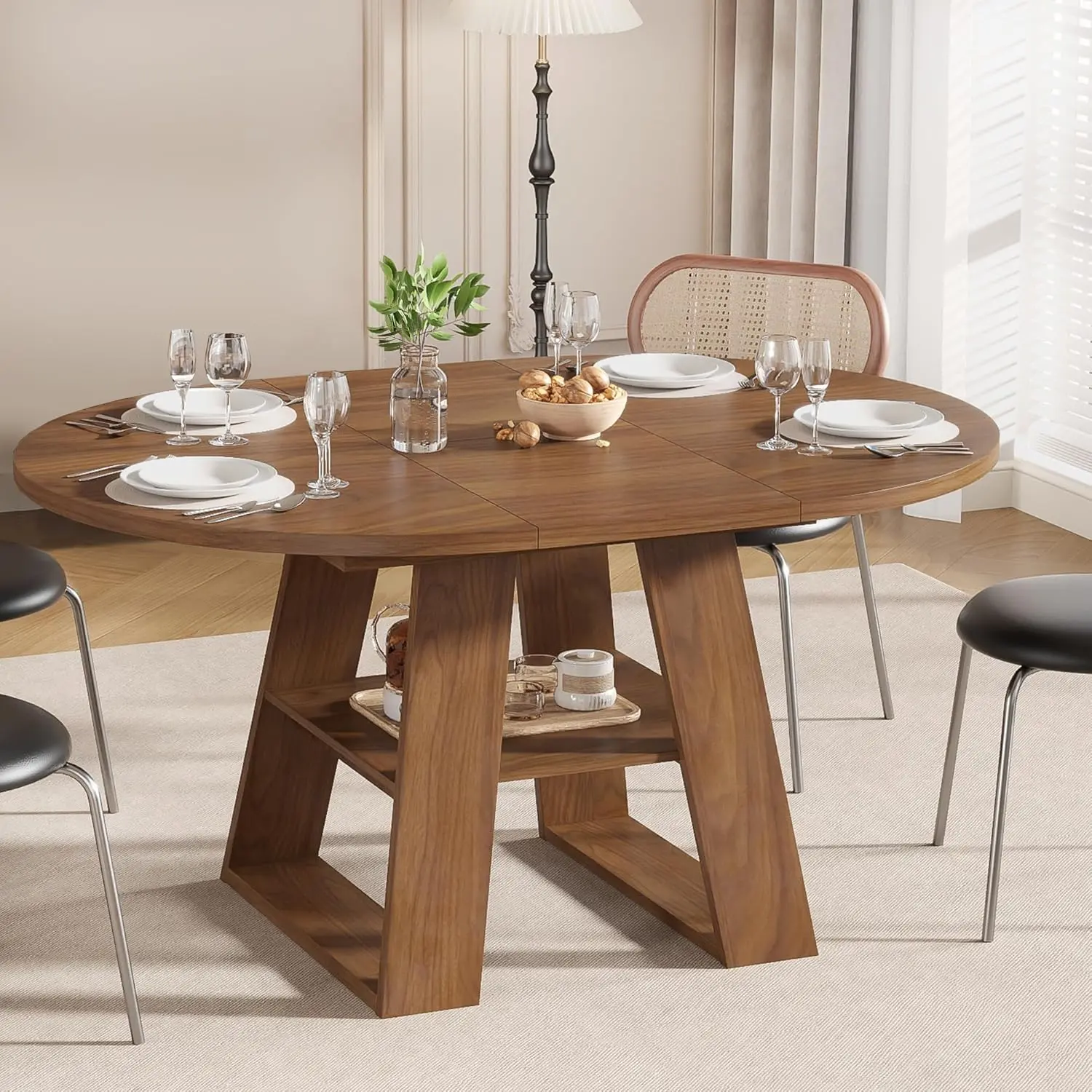 Modern Extendable Dining Table - 43.3in-59in Round/Oval Table with Removable Leaves, Wood Base with Storage Shelf, Space-Saving for 4-8 People, Ideal for Kitchen, Living Room, Dining Tables