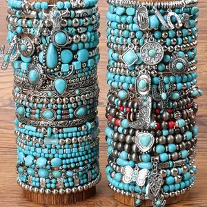 5/16/19/24pcs Western Bohemian Vintage Turquoise Bracelet Set - Multilayer Stacked, Unisex Jewelry with Beads & Charms, Layered Design for Daily Wear, Party Music Festival, Perfect Daily Wear Or Holiday Gift