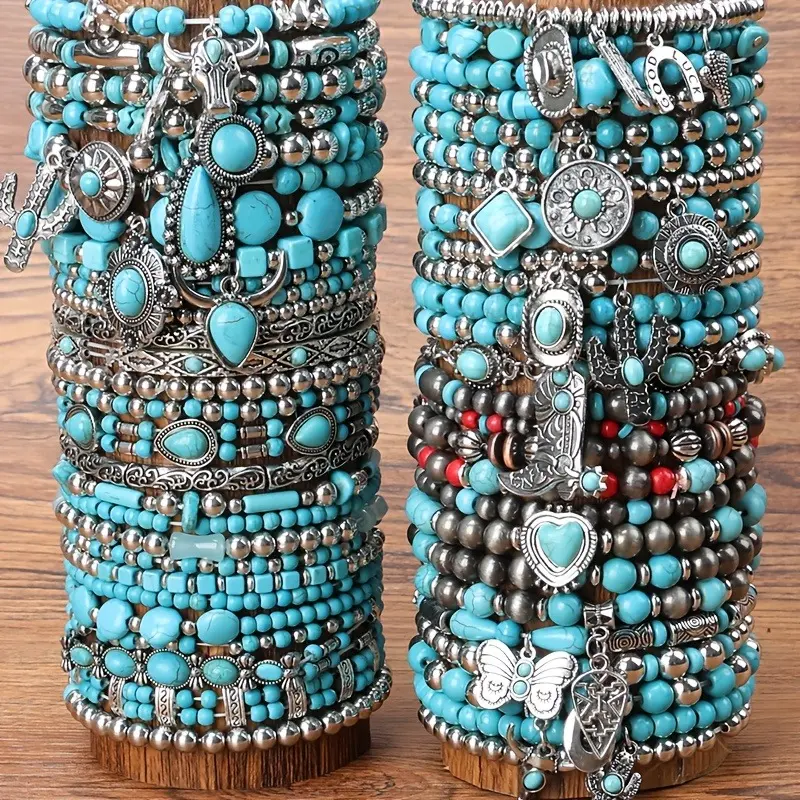 Unisex Western Bohemian Vintage Turquoise Jewelry Multilayer Beaded Charm Bracelet Set - 5/16/19/24pcs Stack, Layered Design for Daily Wear, Party Music Festival, Holiday Gift