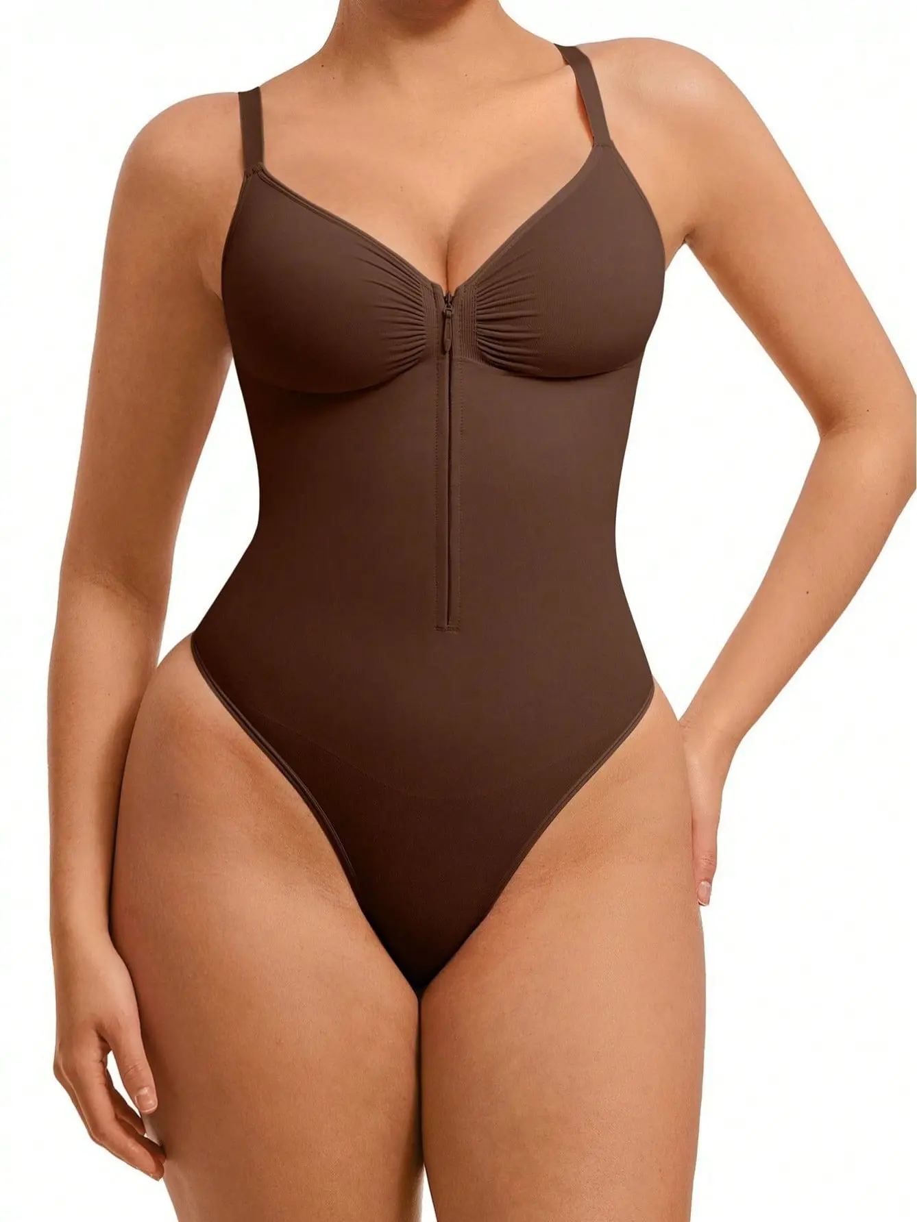 Women V Neck Zipper Bodysuit Lightweight Breathable High Cut Slim Fit Body Sculpting Camisole Bodysuit